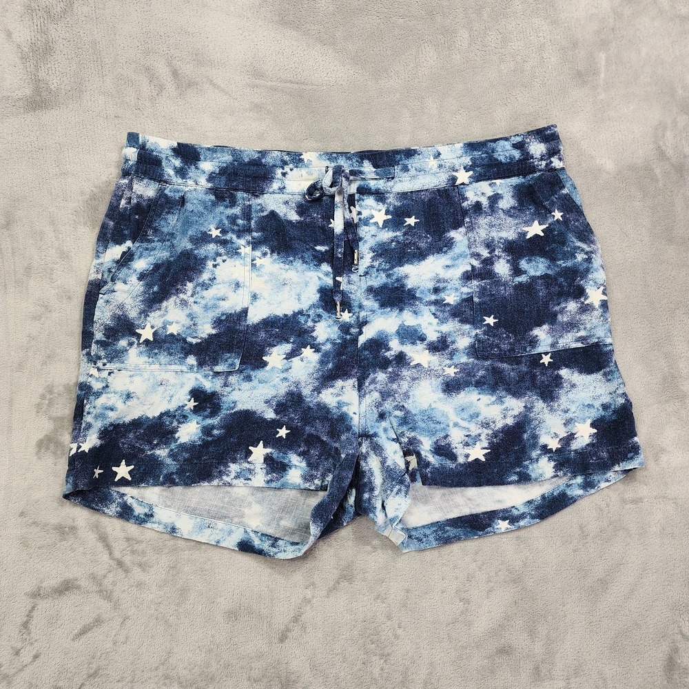 Style&Co Shorts Womens 0X Blue Tie Dye Star Print Linen Blend Pull On Casual